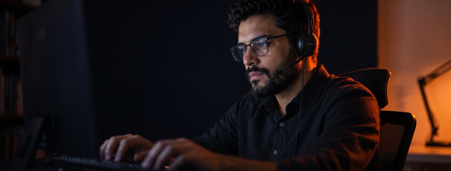 Desenvolvedor trabalhando remoto, com headset, focado na tela